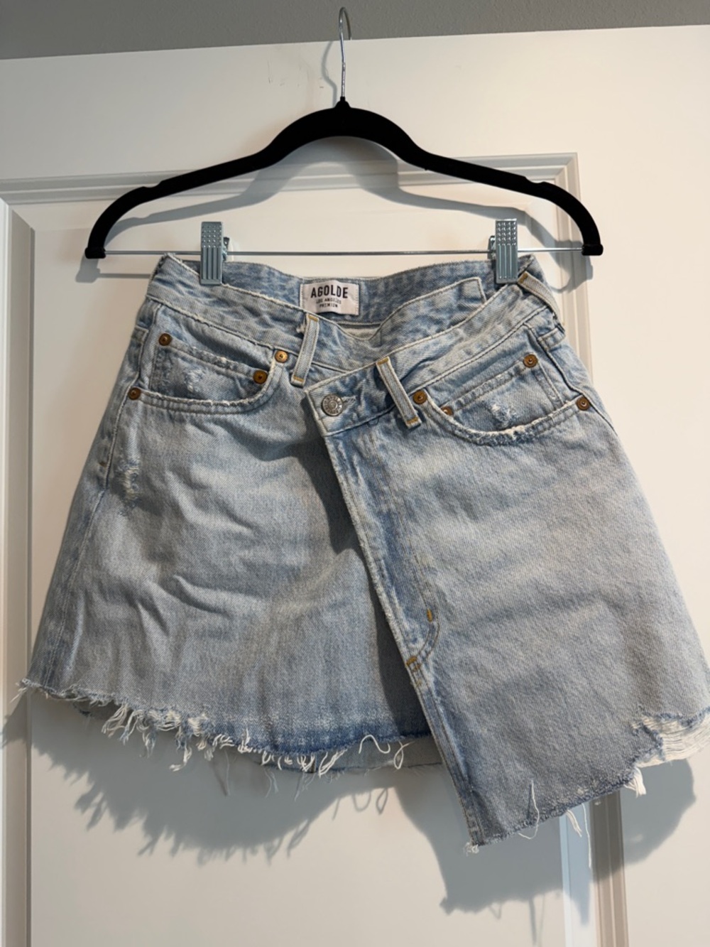 Agolde Light Blue Distressed Denim Mini Skirt
